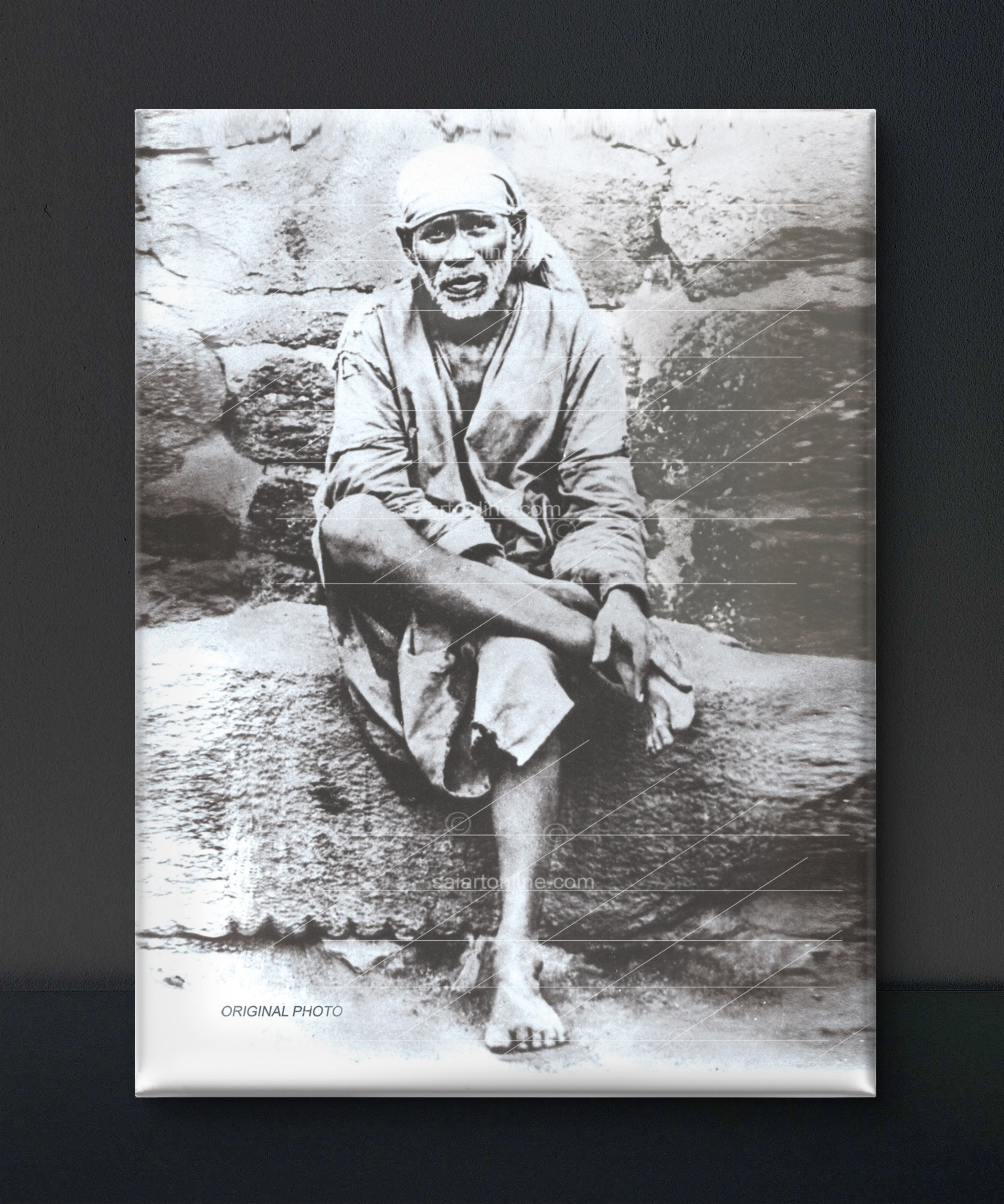 Shirdi Sai Baba Original Photo Sitting On Stone Hand Painting Canvas Reprint Wall Art Decor photo, Picture/Poster